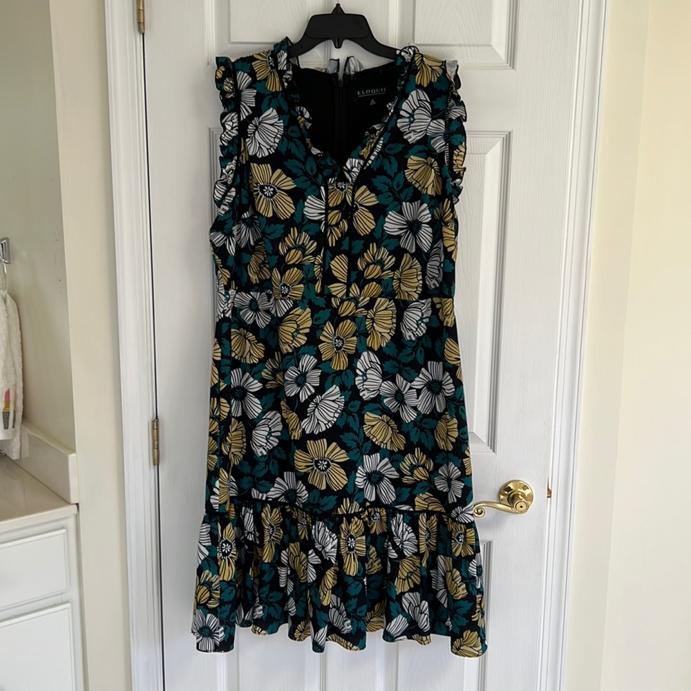 Elloquii midi dress multicolor with ruffle detail